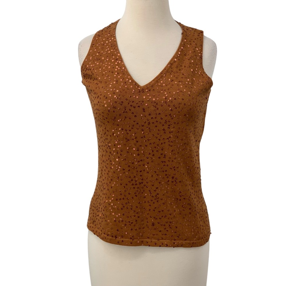 Double D‎ Ranch Womens Brown Linen Blend Tank Top Sequin/Bead Knit Western Sz XS